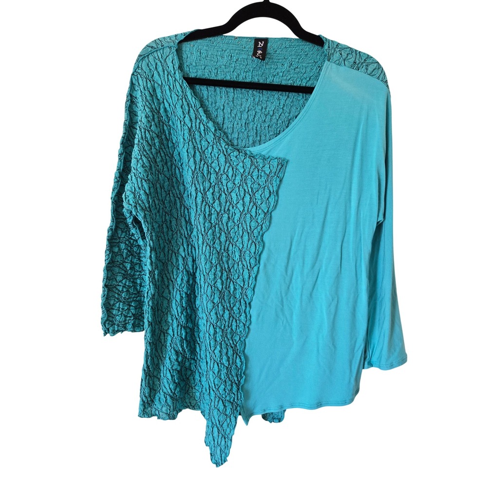 Noblu Womens L Top Long Sleeve Turquoise Asymmetric Crinkle Tunic Art To Wear
